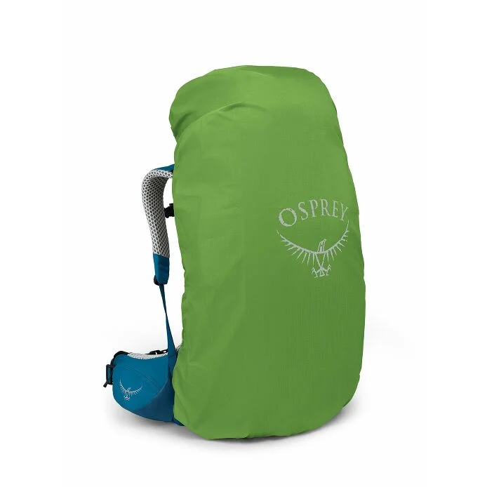 Green rain cover fitted over an Osprey Atmos AG LT 65 backpack
