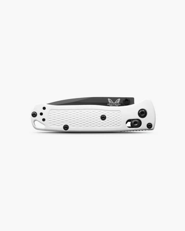 White Benchmade Mini Bugout folded closed with its black blade nested in the handle