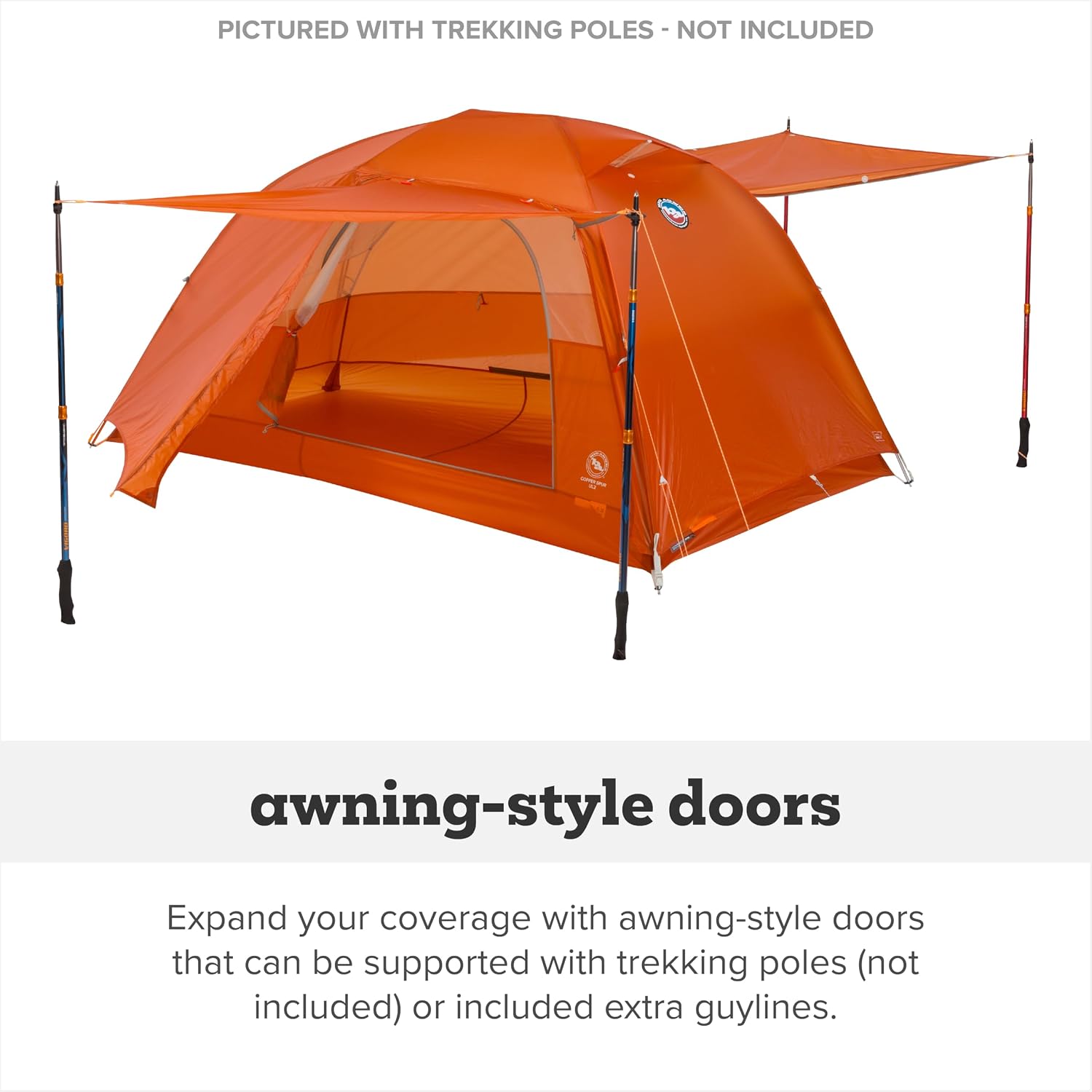 Orange Copper Spur UL2 with both vestibule awnings supported by trekking poles