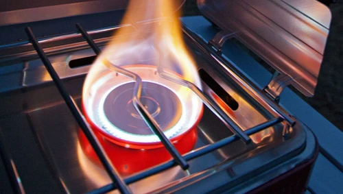 High flame burning on one of the Camp Chef Everest 2X burners