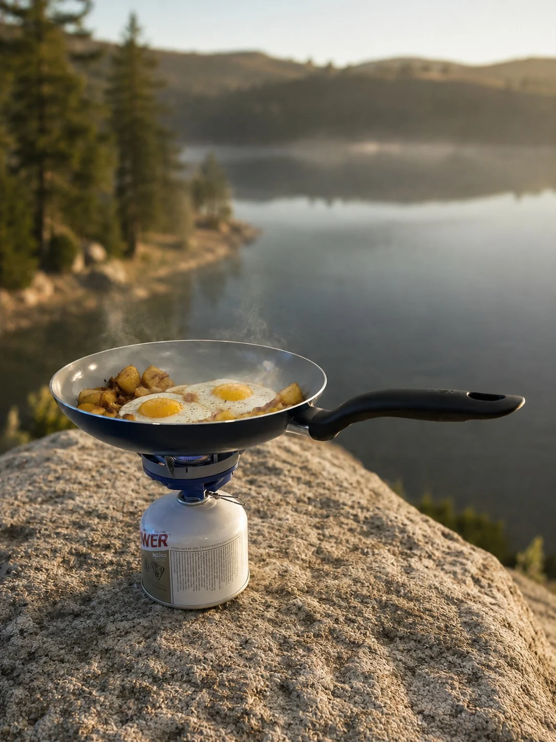 Eggs and potatoes cooking in a frying pan on the Backpacker stove