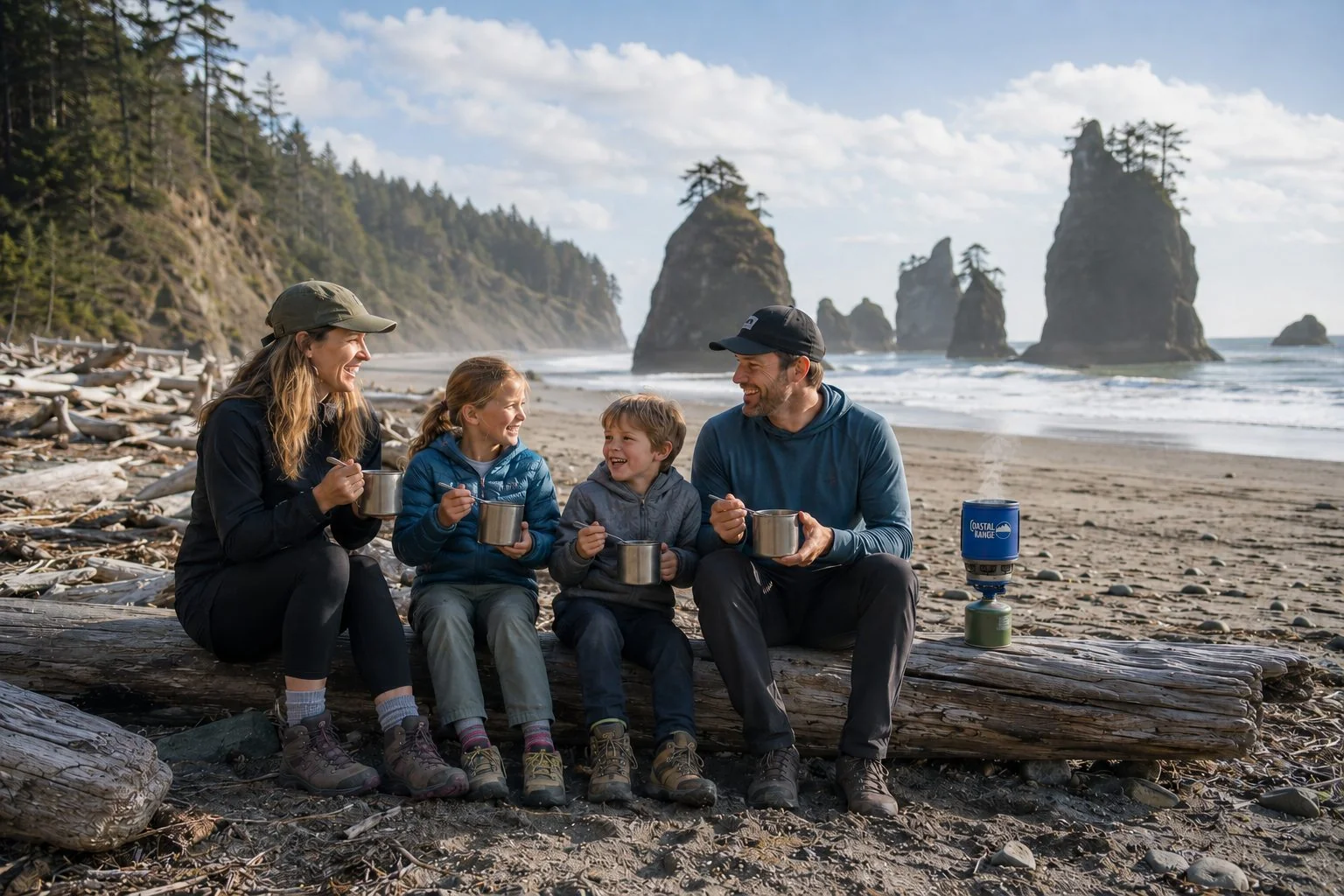 Family sharing hot drinks beside the Coastal Range Backpacker stove on a beach