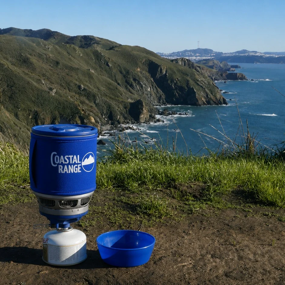 Coastal Range The Backpacker stove overlooking a rocky coastline