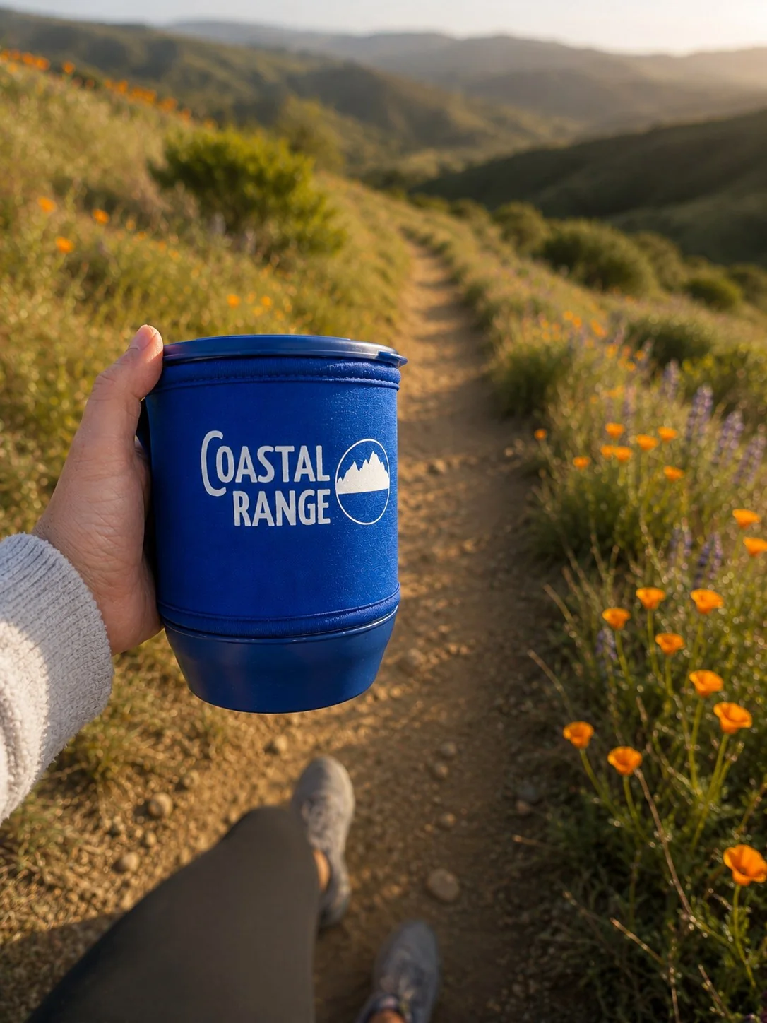 Coastal Range Backpacker stove held in one hand while walking on a trail