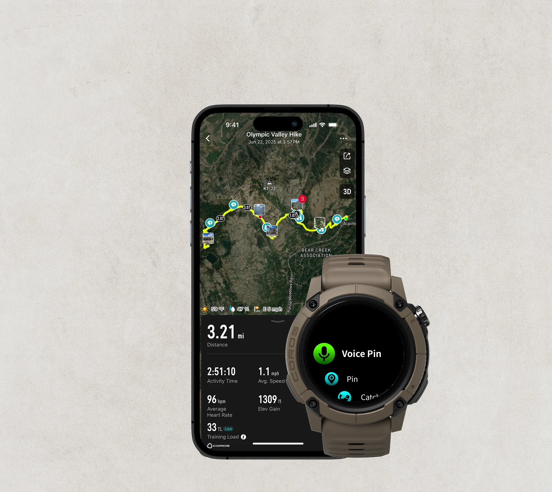 COROS Nomad Voice Pin menu beside a mapped activity in the COROS app