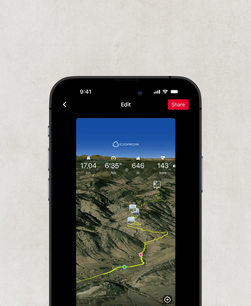 COROS app showing a three-dimensional activity route ready to share