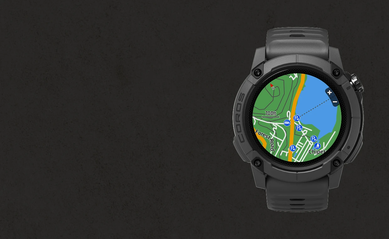 COROS Nomad displaying an offline map with roads and points of interest