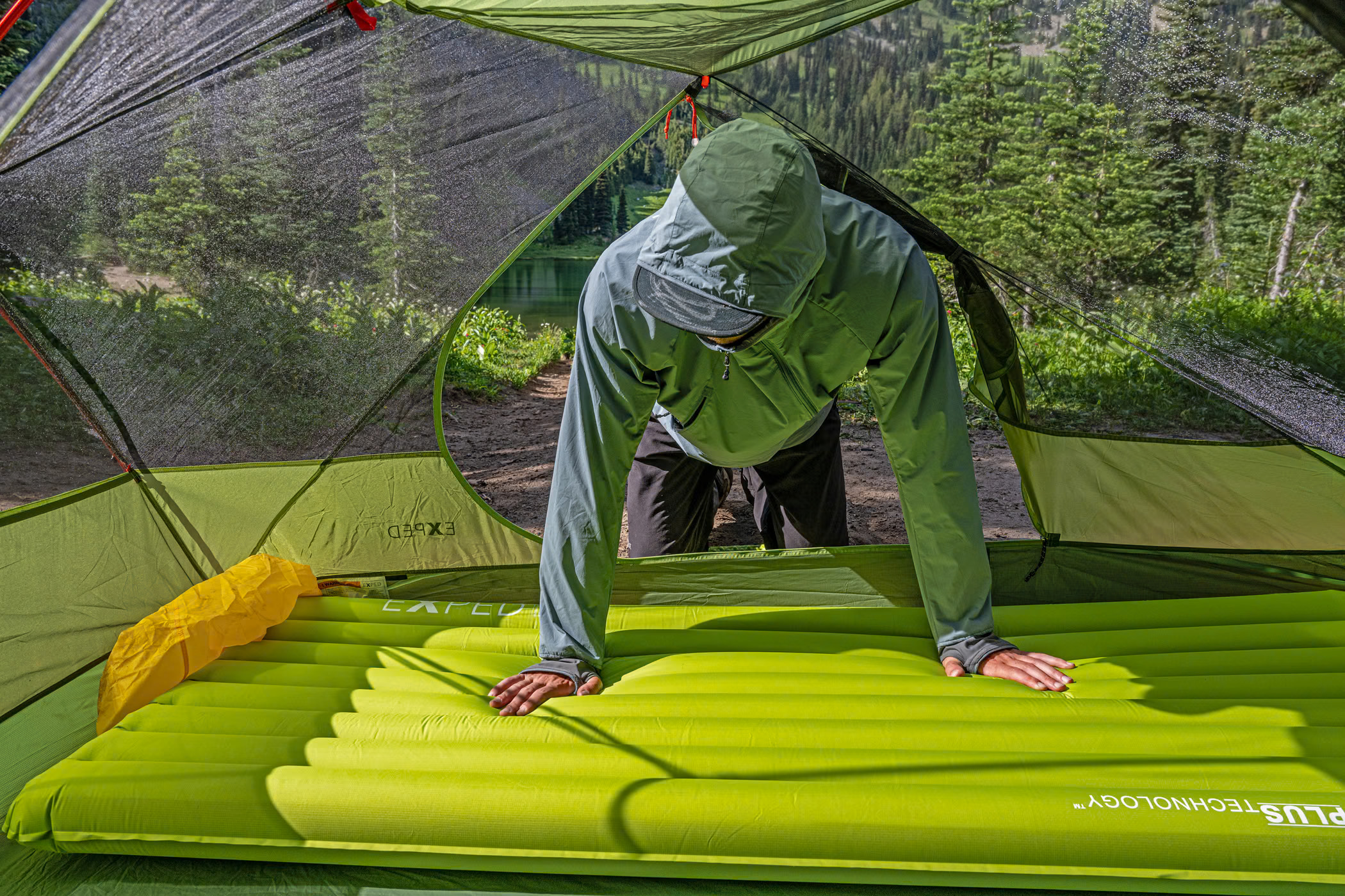 A wider Exped sleeping mat set up inside a tent
