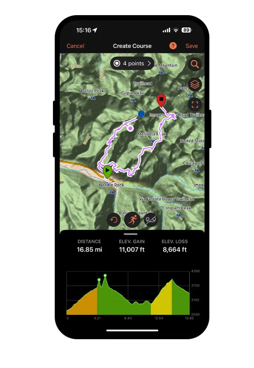 Garmin Explore app showing a route and inReach controls on a phone