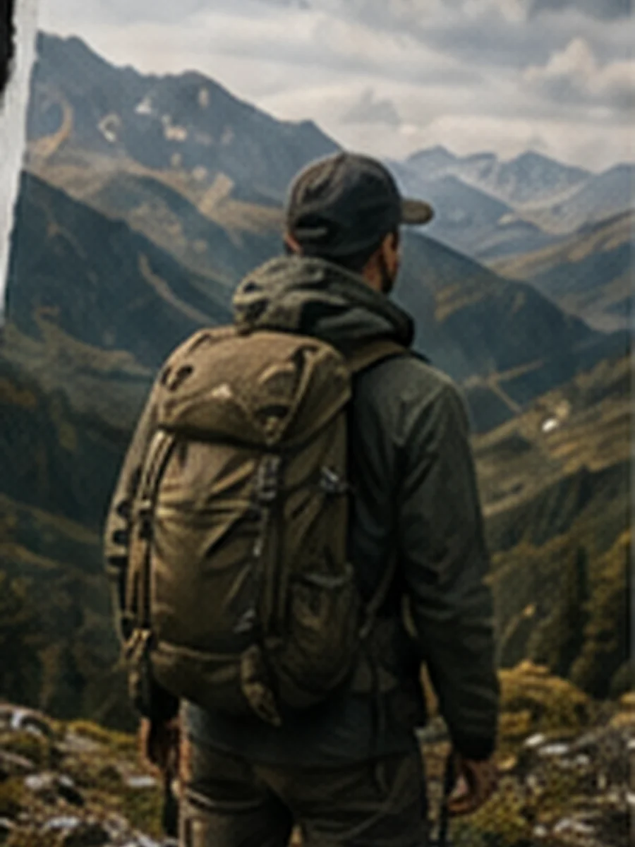 Hiker carrying a backpack through mountain terrain