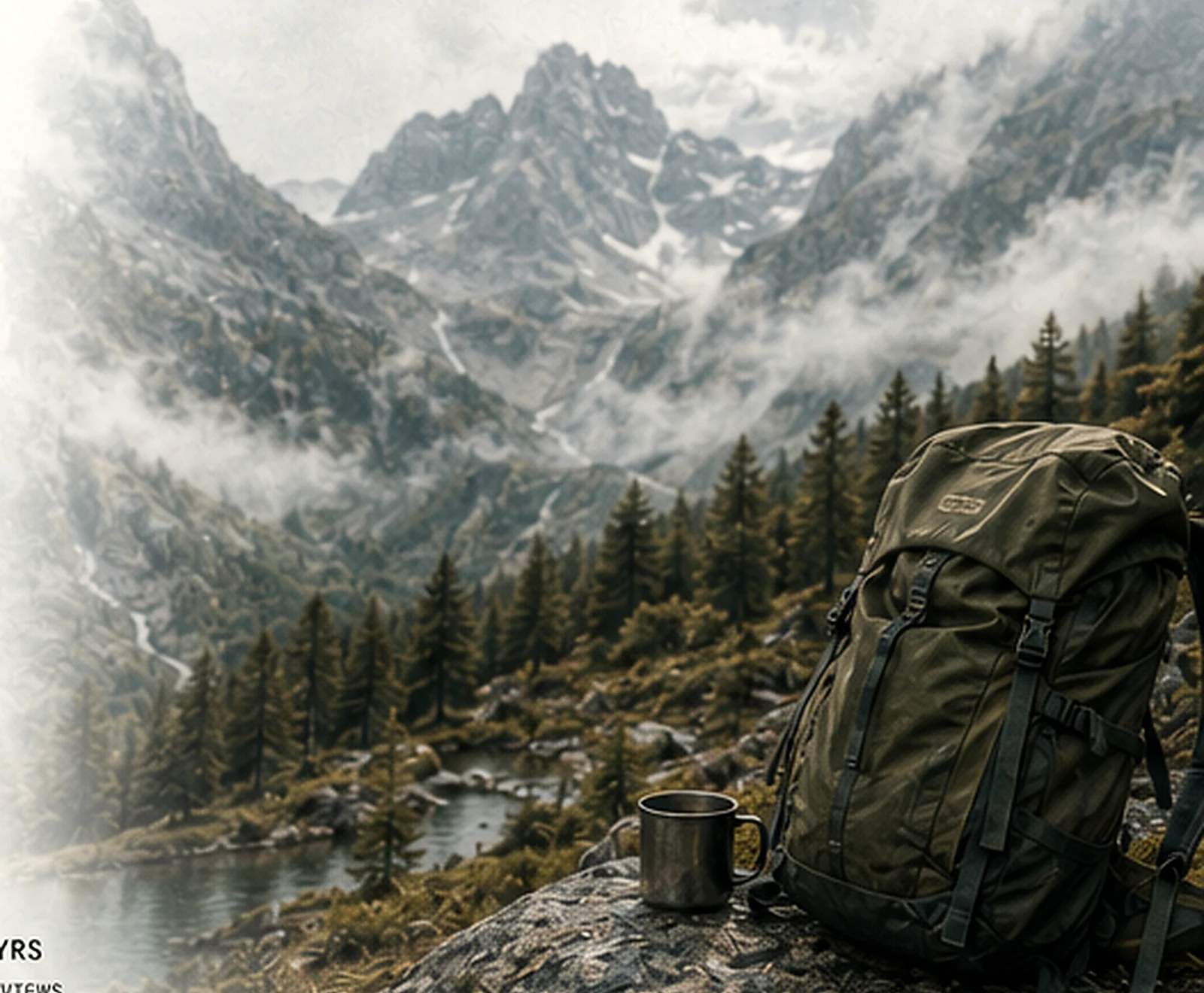 Backpack and camp mug overlooking a mountain valley