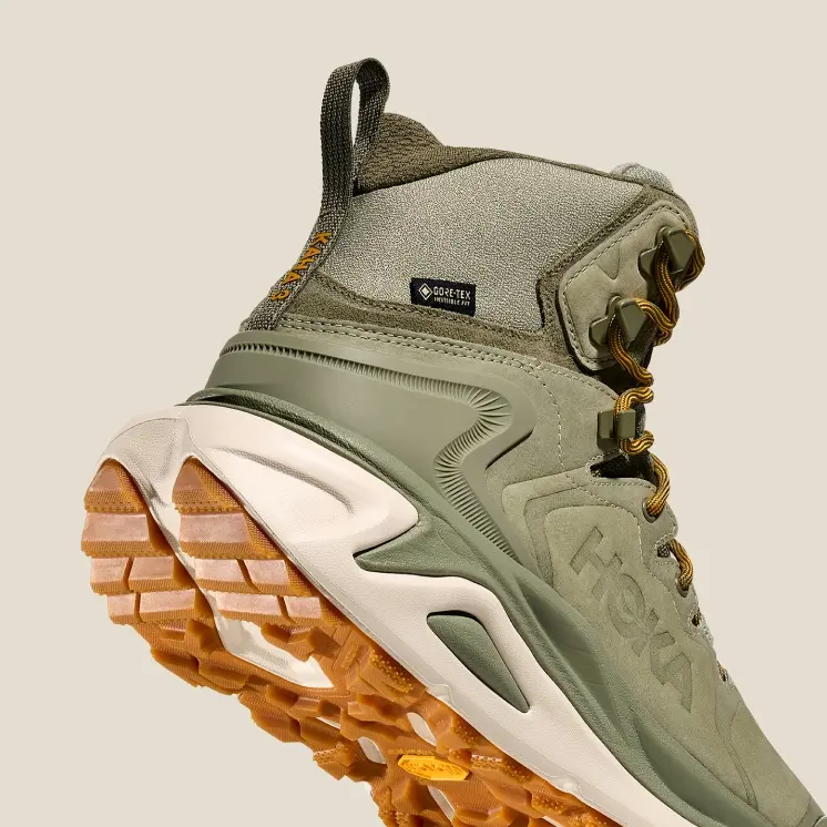 Rear three-quarter view showing the Hoka Kaha 3 GTX high foam midsole