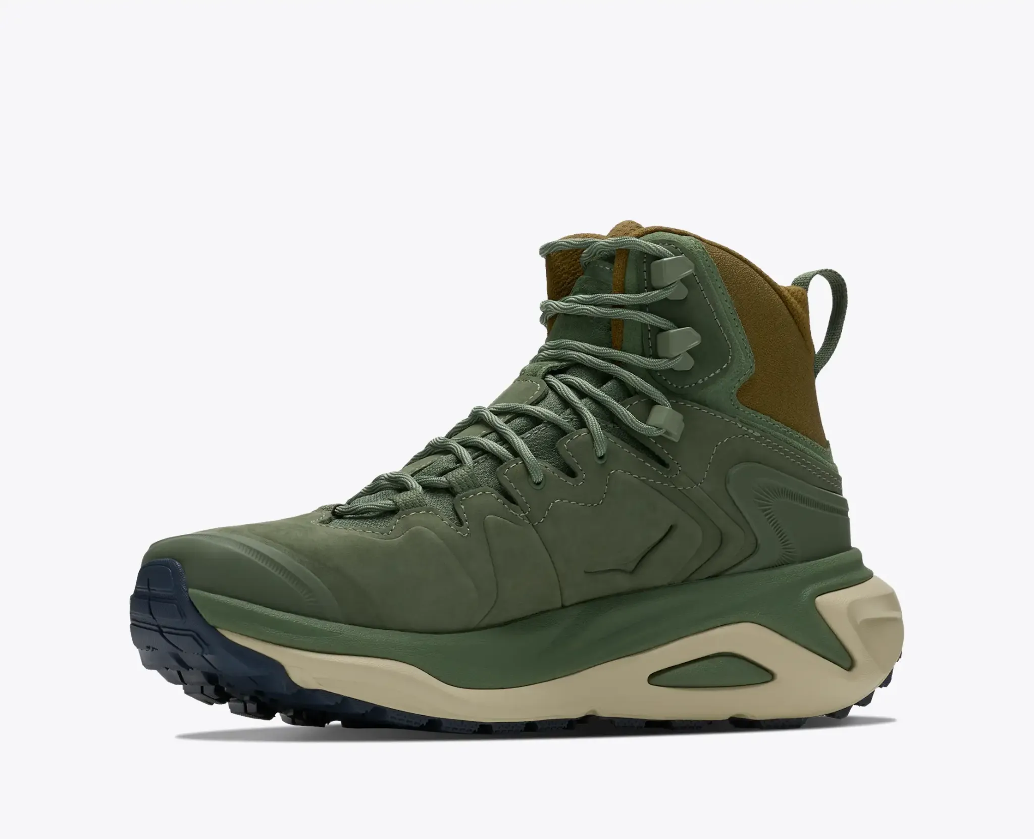 Green Hoka Kaha 3 GTX hiking boot viewed from the side