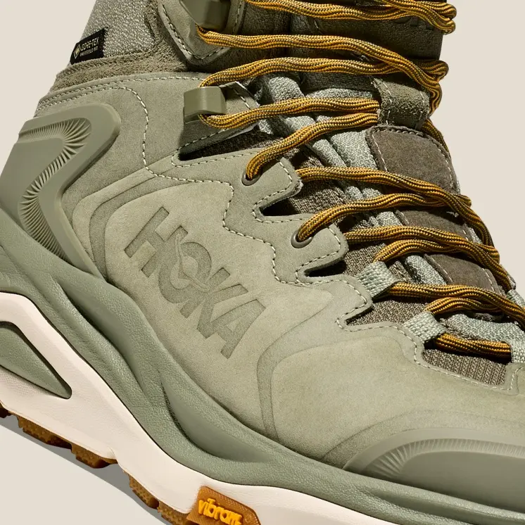 Close-up of the Hoka Kaha 3 GTX laces, hooks and nubuck upper