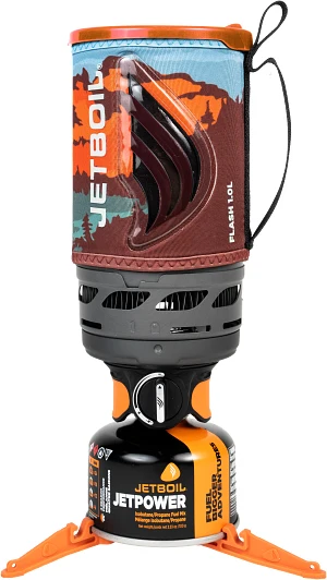 Jetboil Flash 1.0L in its Mountainscape colour with burner and fuel canister assembled