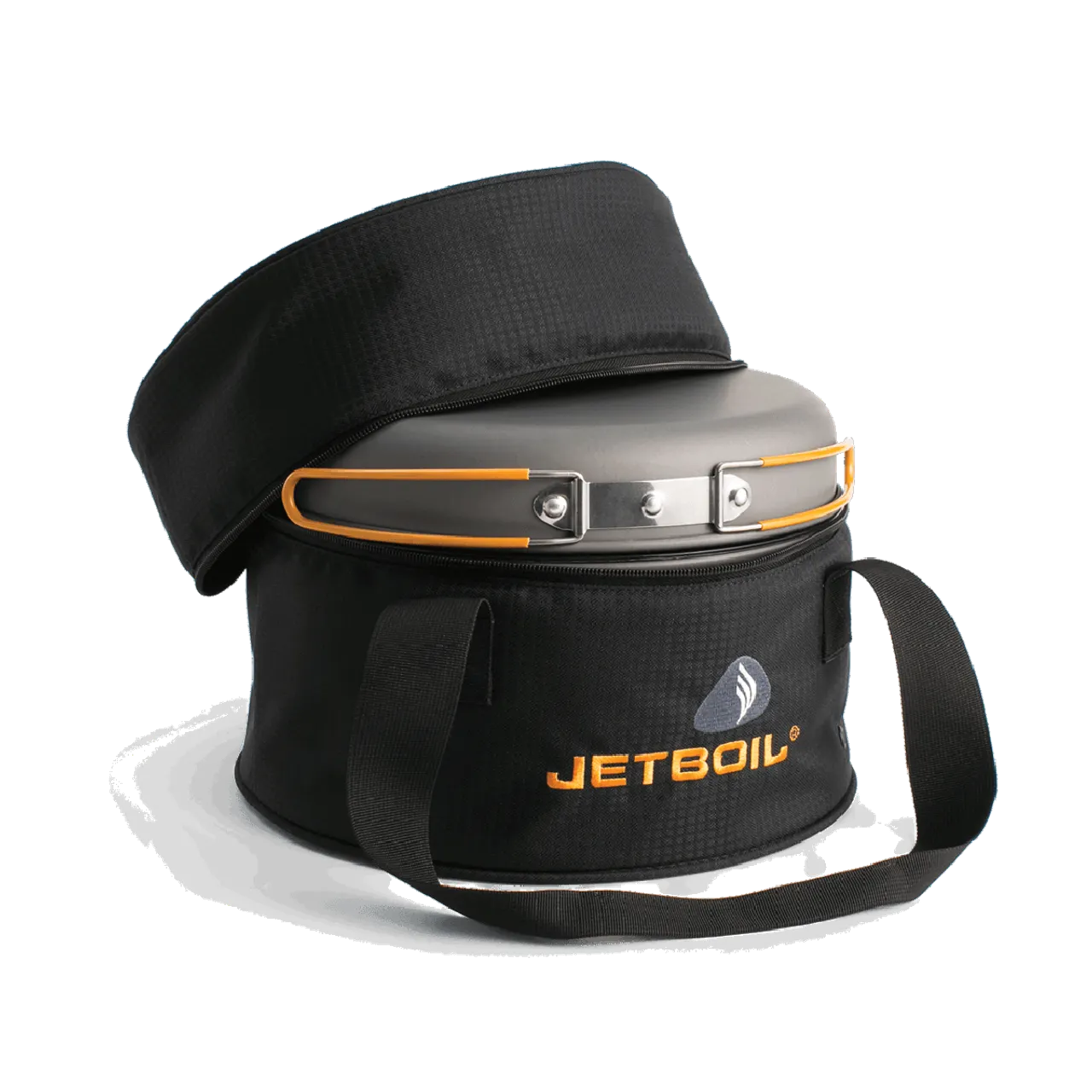 Jetboil Genesis folded into its compact clamshell form above the carry bag