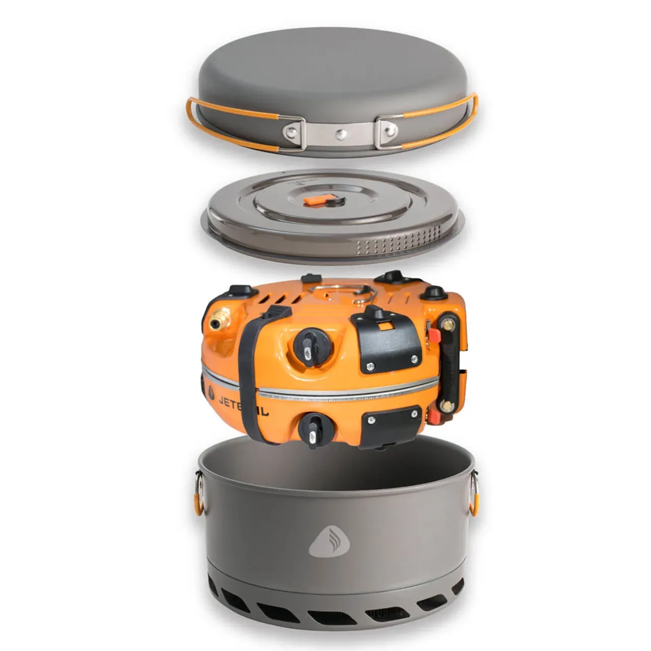 Two Jetboil Genesis burners supporting a frying pan and five-litre FluxPot