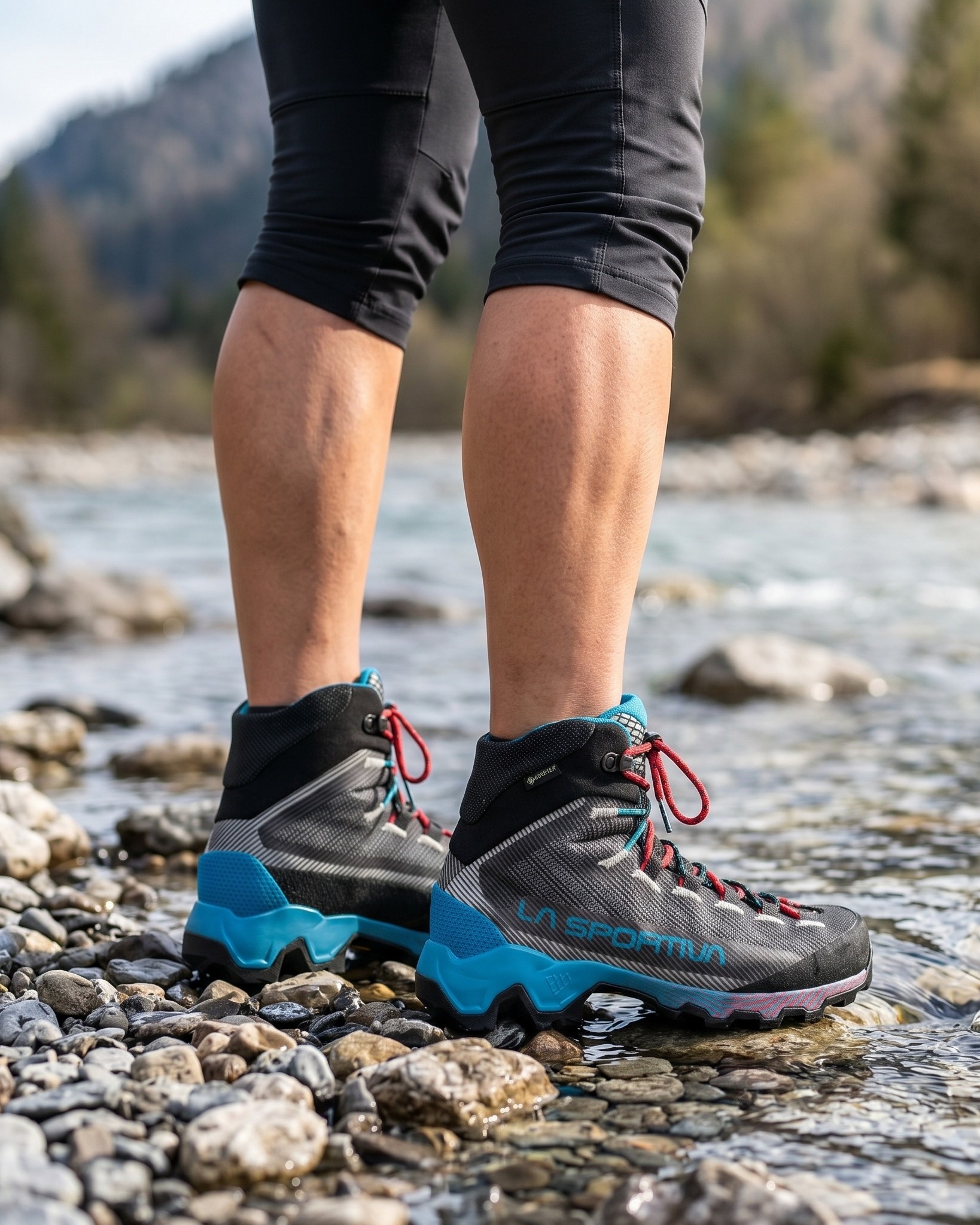 Hiker wearing mid-height boots beside a shallow rocky stream
