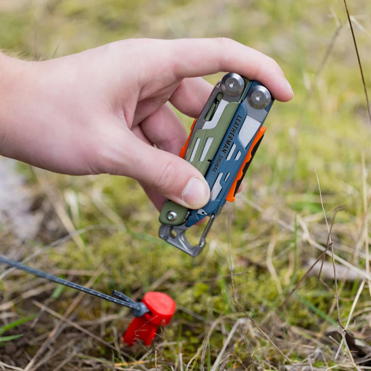 Leatherman Signal saw cutting a small branch outdoors
