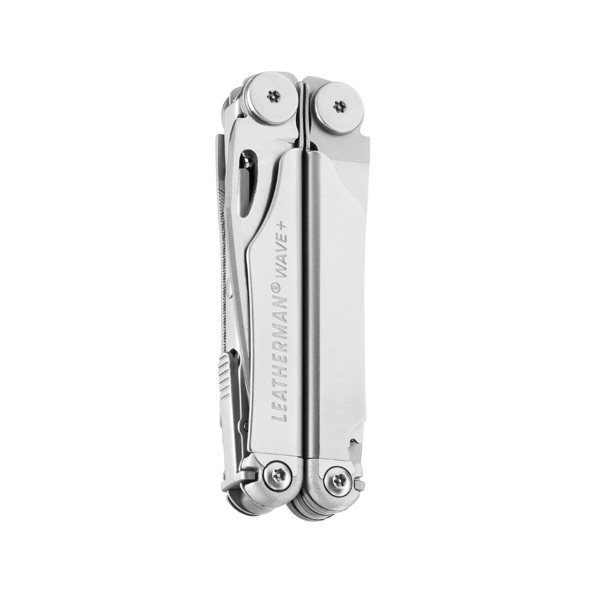 Closed stainless Leatherman Wave+ on a white background