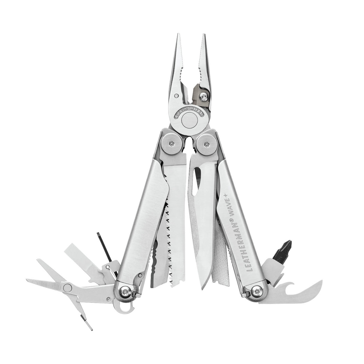 Open Leatherman Wave+ with its pliers, blades, saw, scissors and drivers displayed