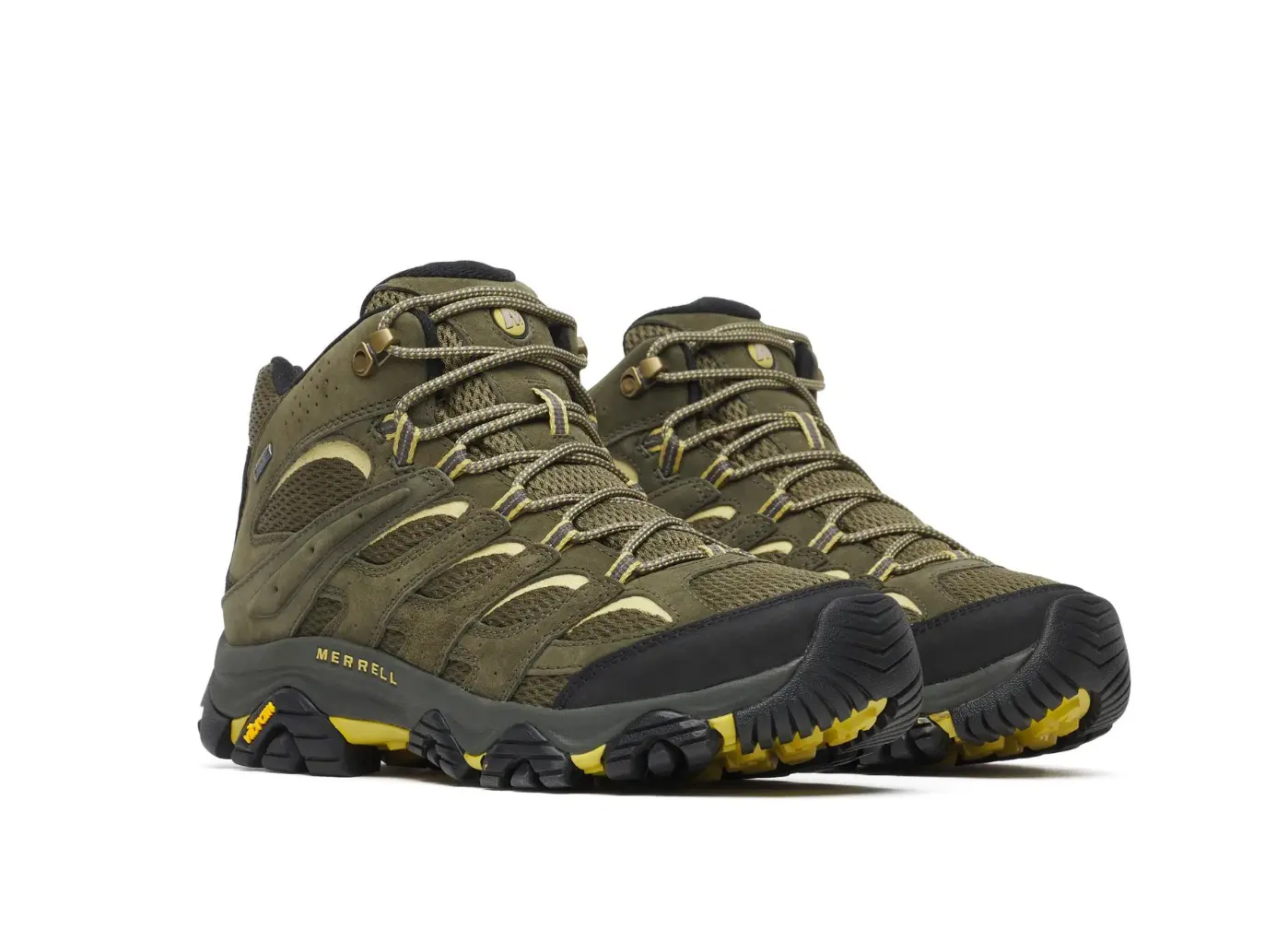 Pair of Merrell Moab 3 Mid Waterproof boots showing the Vibram outsole and toe protection