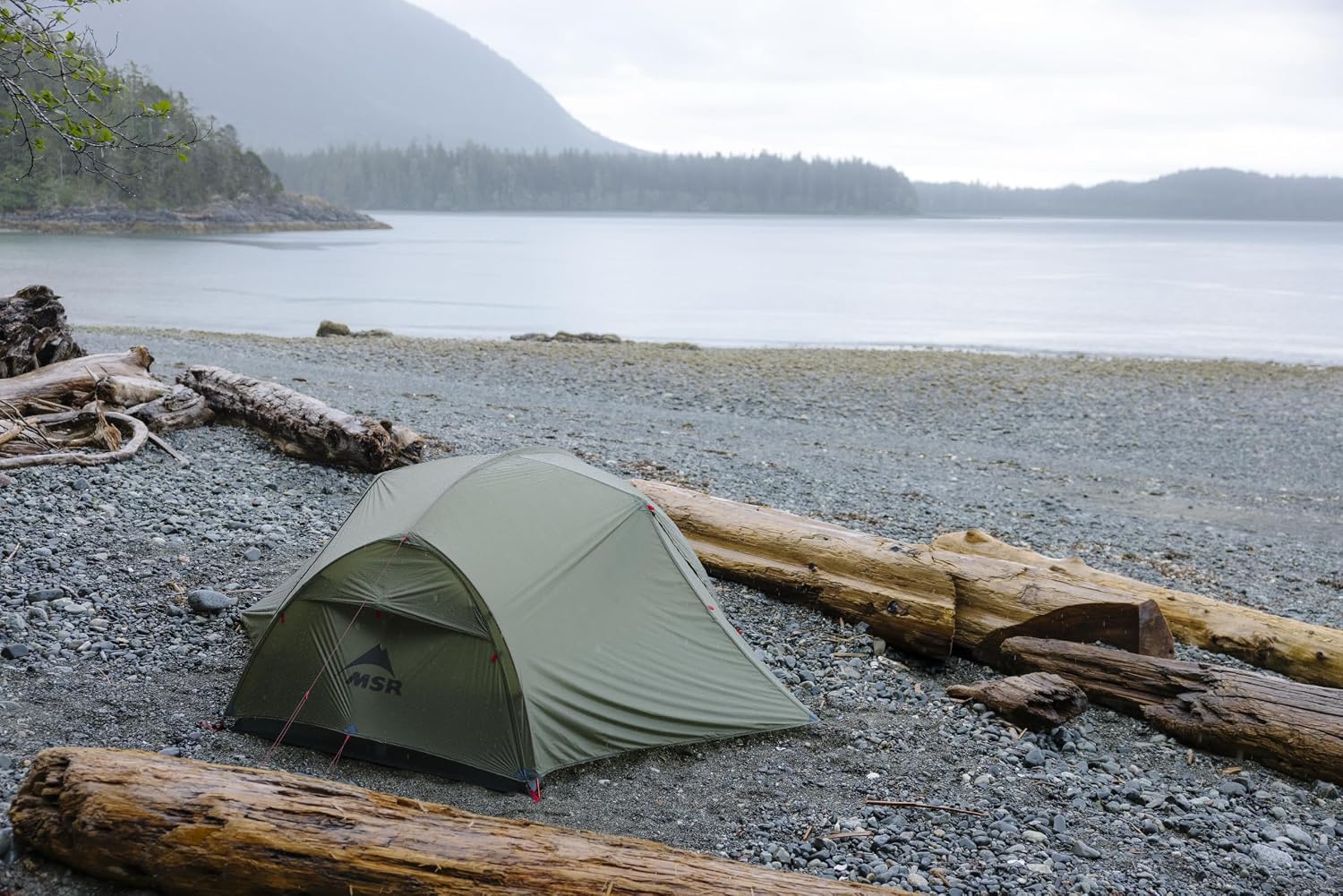 MSR Hubba Hubba HD 2 pitched alone on a broad Quebec shoreline