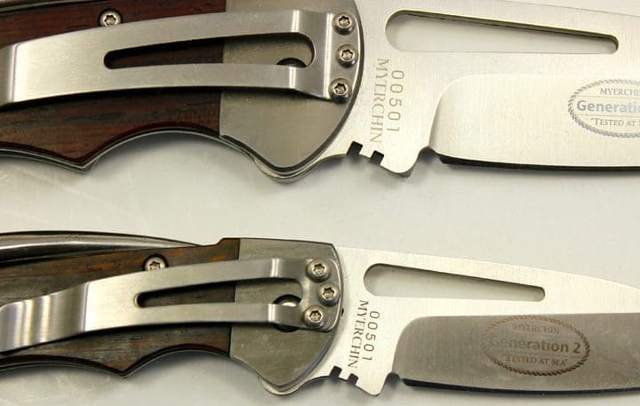 Close view of the Myerchin blade pivots, pocket clips and metal finish