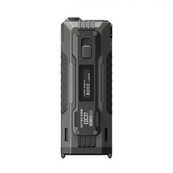 Front view of the flat grey Nitecore EDC37 showing its lock slider and OLED display