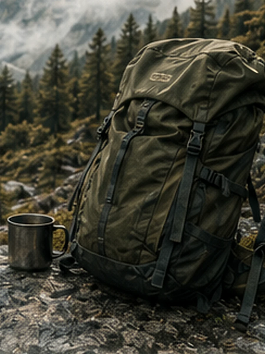 Trail backpack and camp mug at a rocky mountain overlook