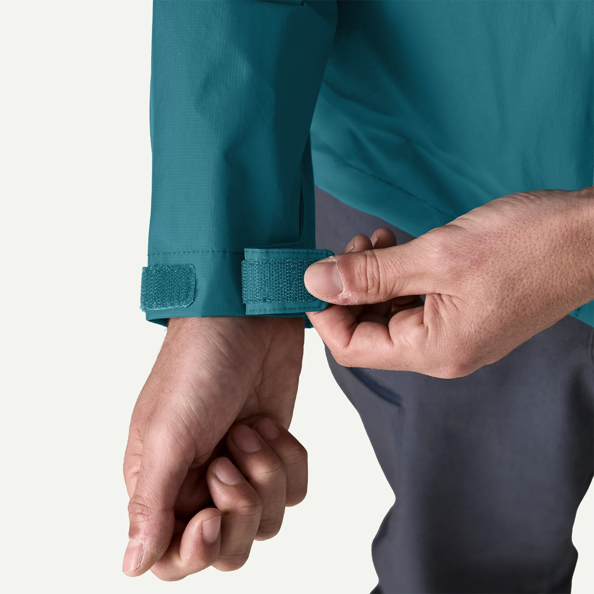Hook-and-loop cuff adjustment on the Patagonia Torrentshell 3L jacket