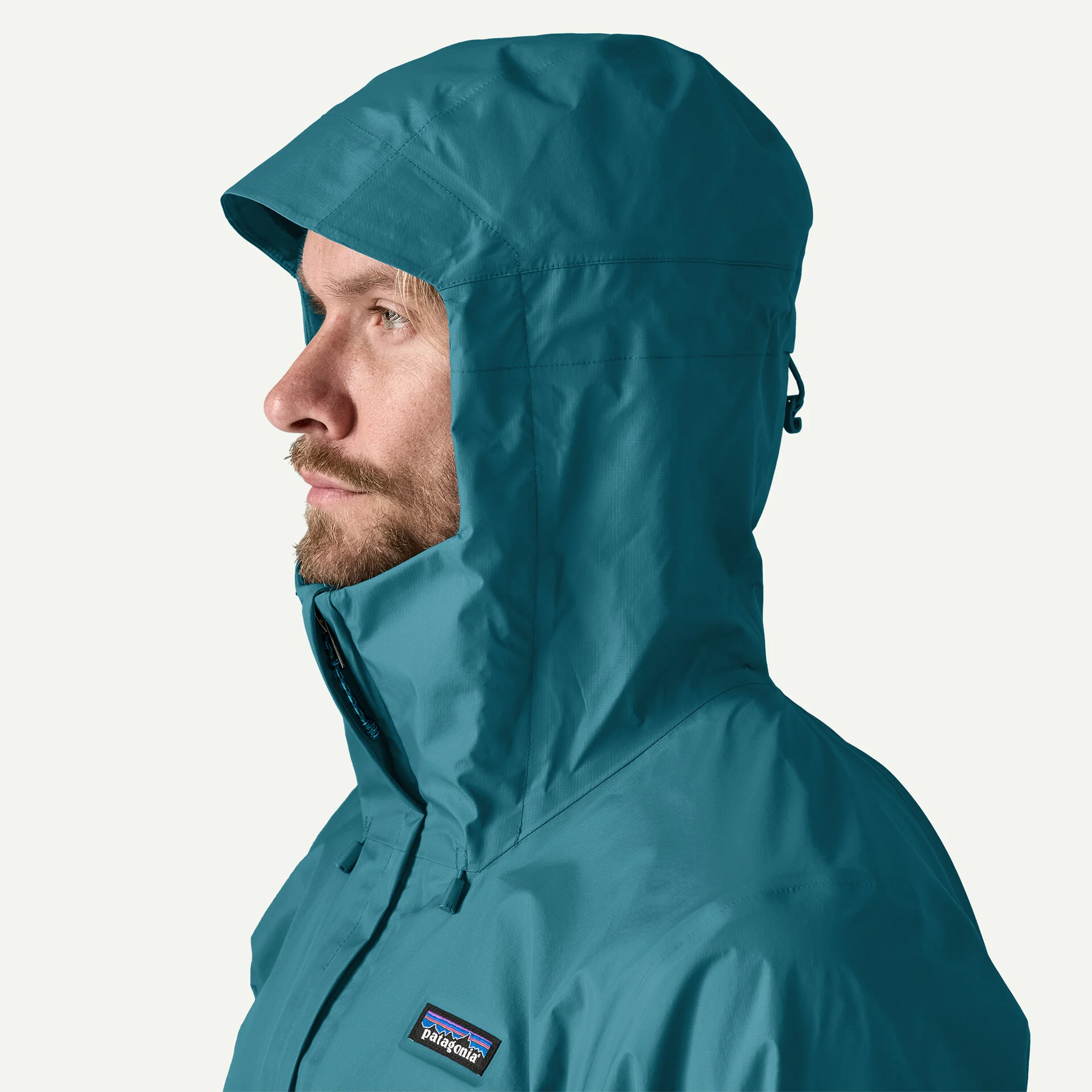 Close view of the adjustable hood on a Patagonia Torrentshell 3L jacket