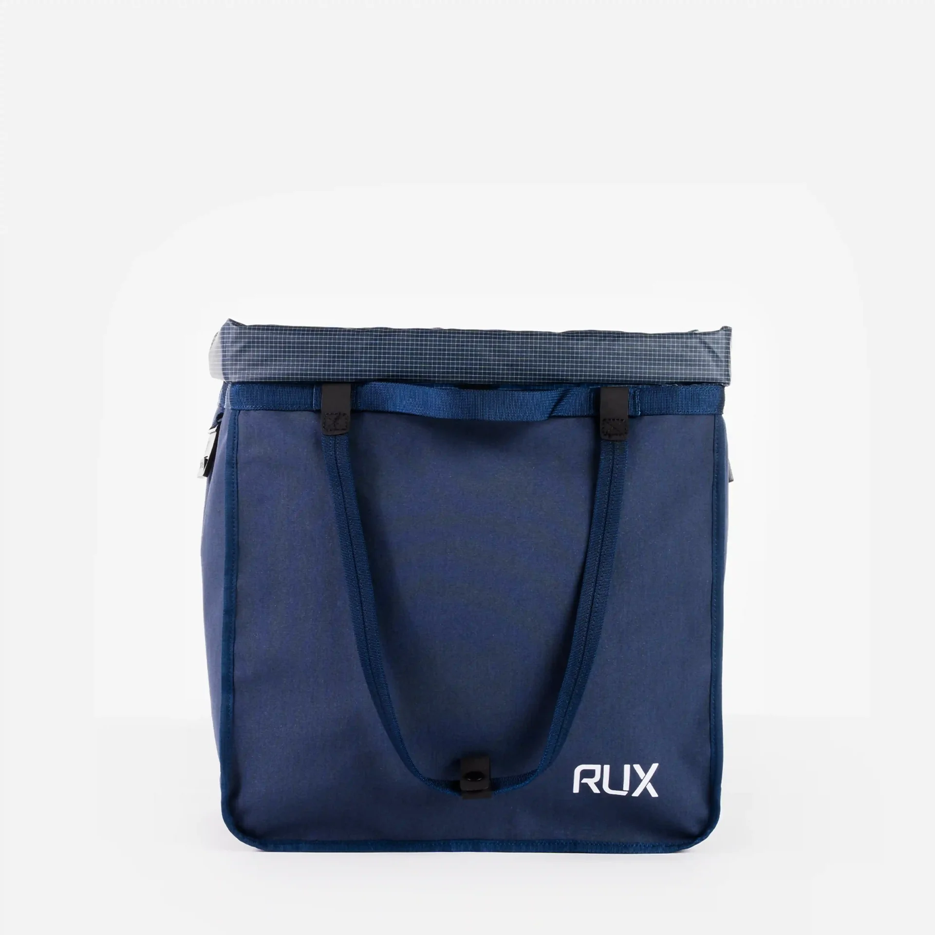 Navy RUX Bag 25L with its roll-top closed and carrying handles lowered