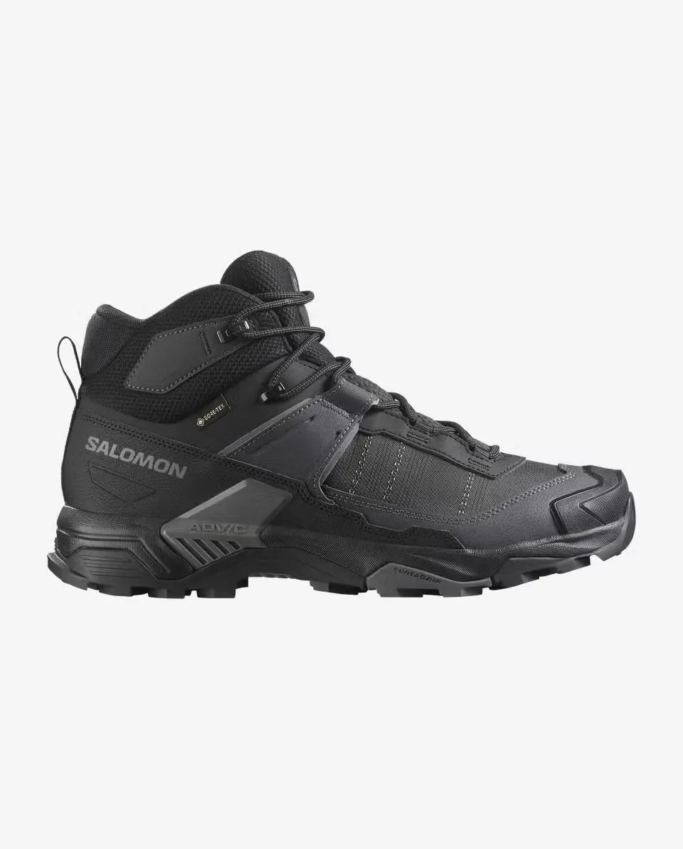 Side profile of a black Salomon X Ultra 5 Mid GTX hiking boot