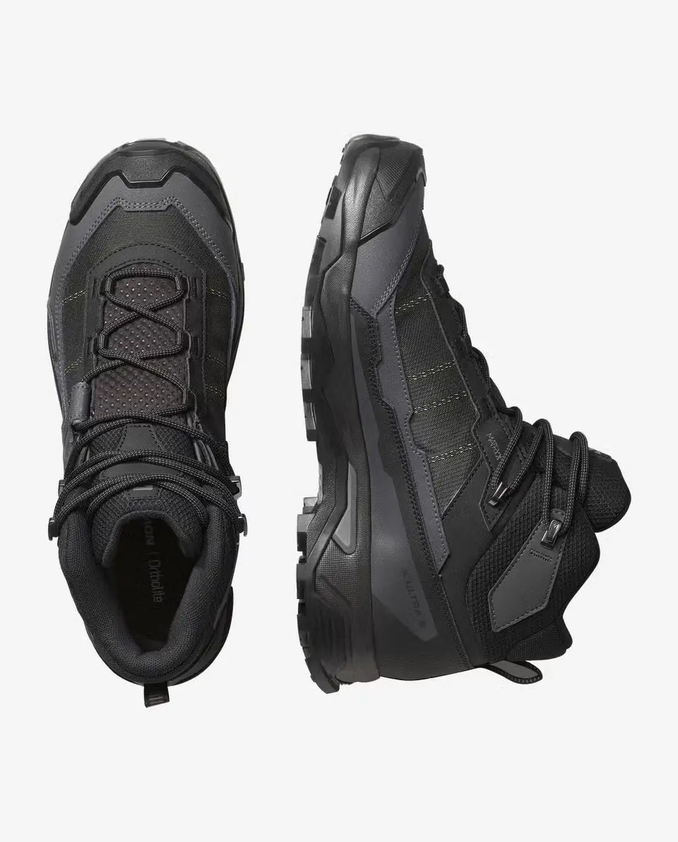 Front and side view of black Salomon X Ultra 5 Mid GTX hiking boots