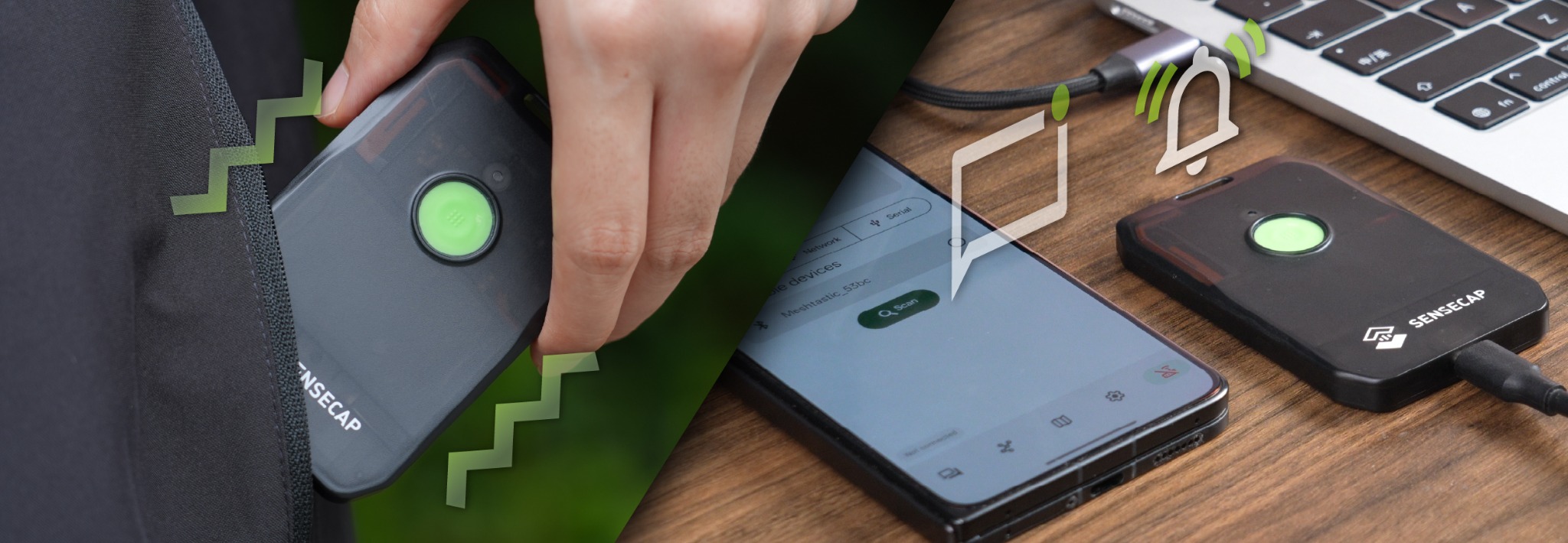 SenseCAP MeshTracker X1 vibrating in a pocket and receiving alerts beside a phone