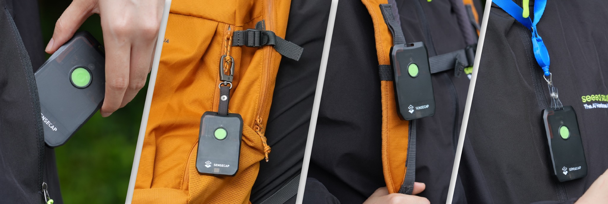 SenseCAP MeshTracker X1 attached to packs and carried in a pocket