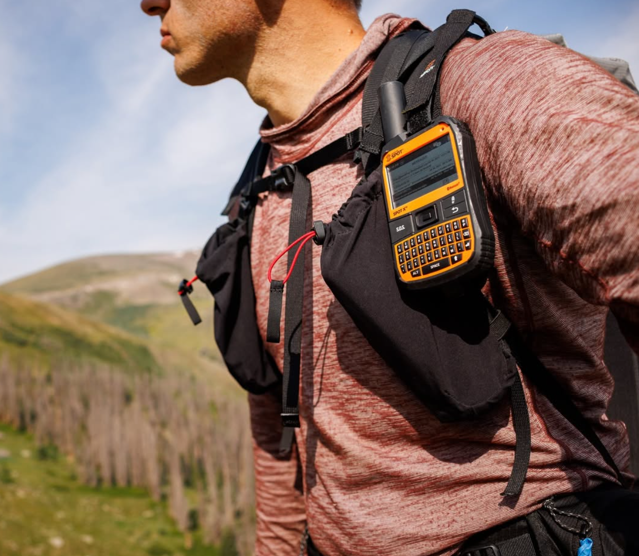 SPOT X mounted high on a backpack shoulder strap