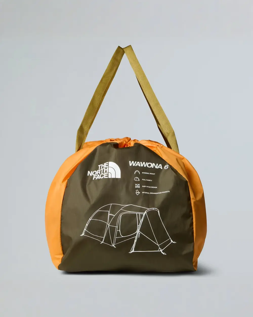 The North Face Wawona 6 packed into its orange and green duffel-style carry bag