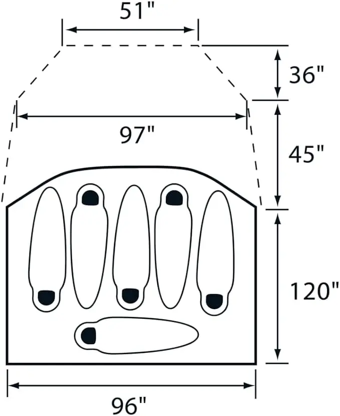 Floor plan of The North Face Wawona 6 showing sleeping capacity and dimensions