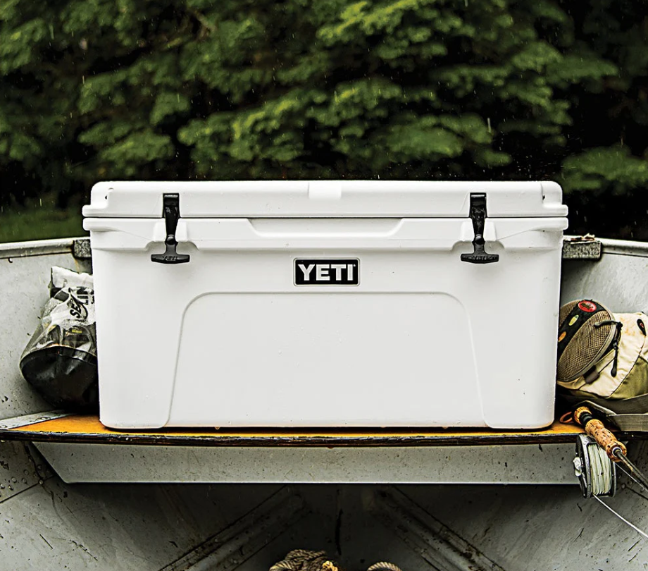 White YETI Tundra 65 secured on a small boat